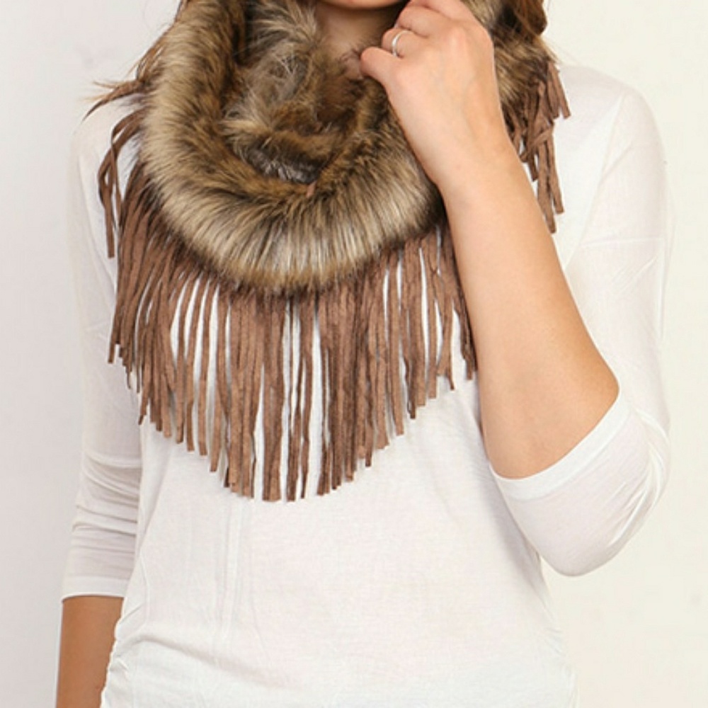 Chocolate Suede Fringe Fur Neck Warmer - Picture 3 of 3