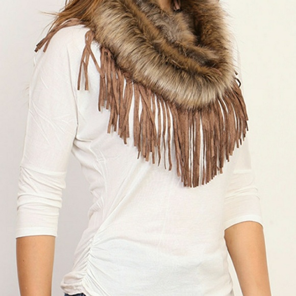 Chocolate Suede Fringe Fur Neck Warmer - Picture 2 of 3