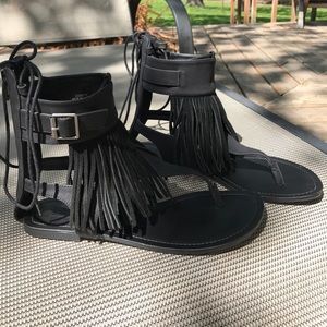 Forever 21 Buckled Fringe Sandals BLACK Size 6.5