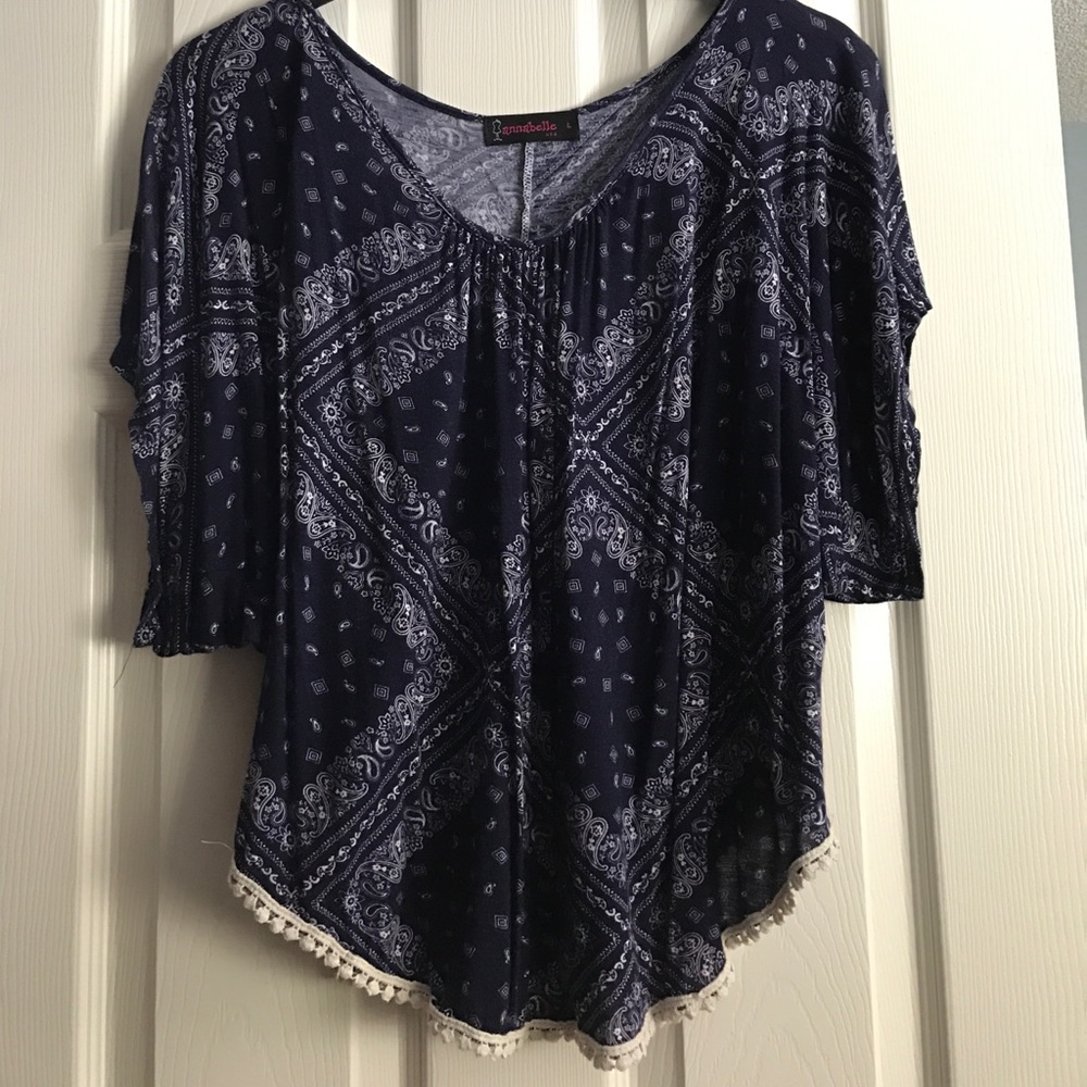Navy blue and white Paisley blouse