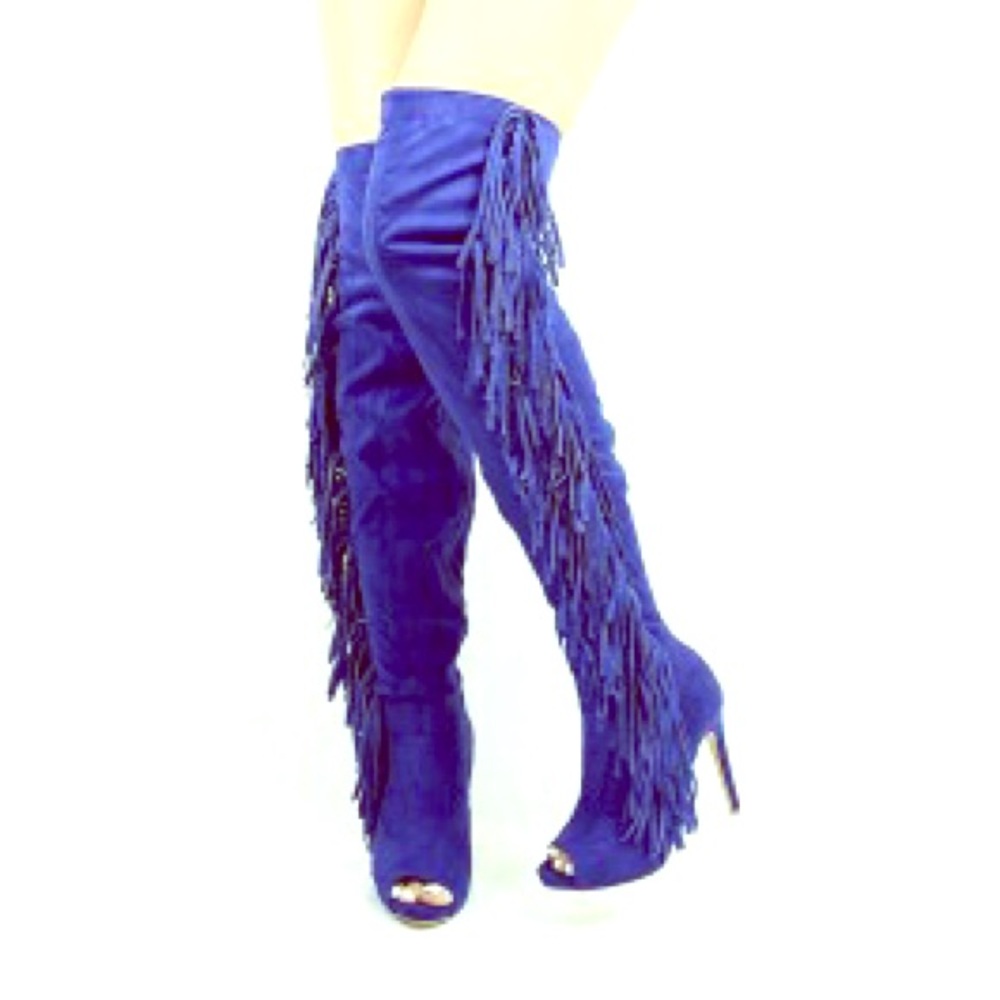 Women's Knee high Peep Toe Fringe Boots - Blue