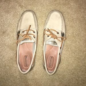 White and gold sperrys