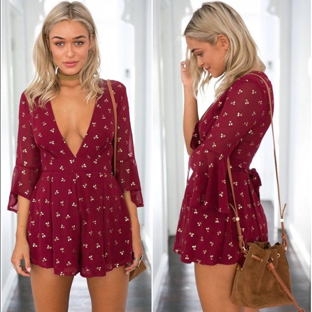 🌸Host Pick🌸 Last 1! Wine Red Gilding Cherry Romper - Picture 2 of 7