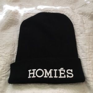 Homiès black beanie white writing one size cute