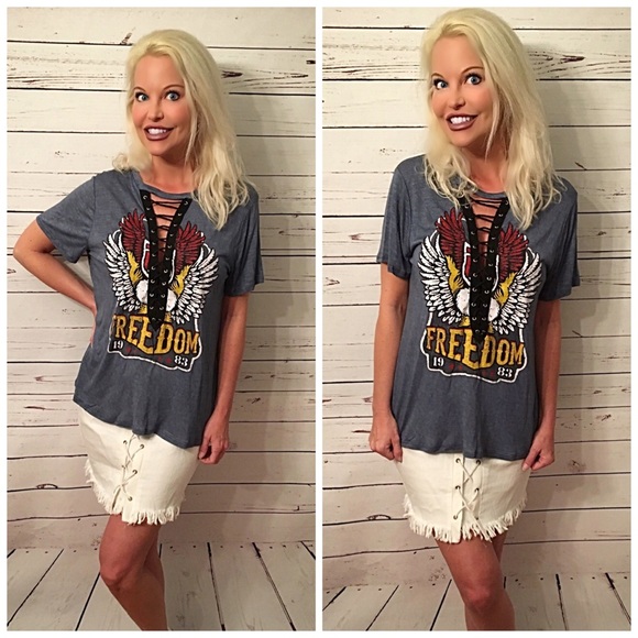 Denim color Slub lace up front tee ! LAST ONE - Picture 3 of 3