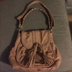 Brown faux leather double strap fringe purse