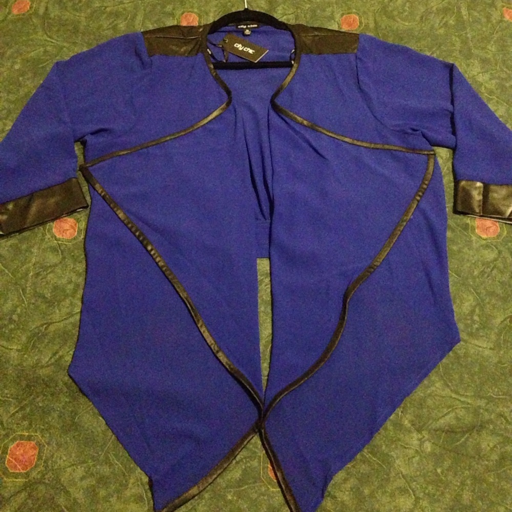 City chic - high low sheer blue blazer w/ blk trim