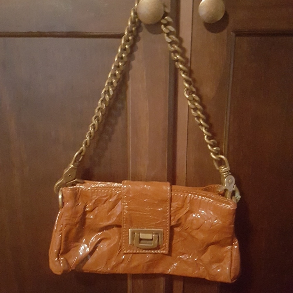Lesa Wallace crinkle patent caramel leather bag