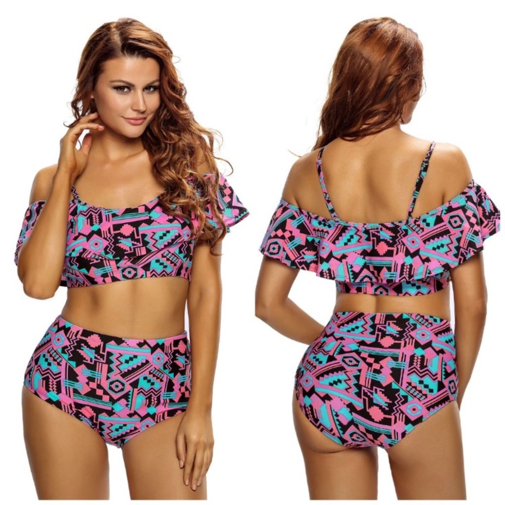 Geometry Print Ruffle 2pcs Swimsuit
