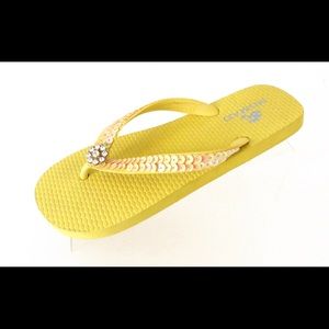 Yellow flip flops with sequins and crystal flower