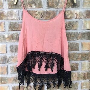 Pink and Black fringe tank - worn once - boutique