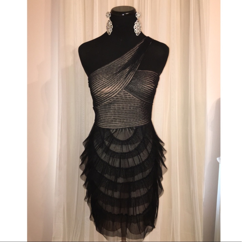 BCBG Black & Nude One Shoulder Cocktail Dress