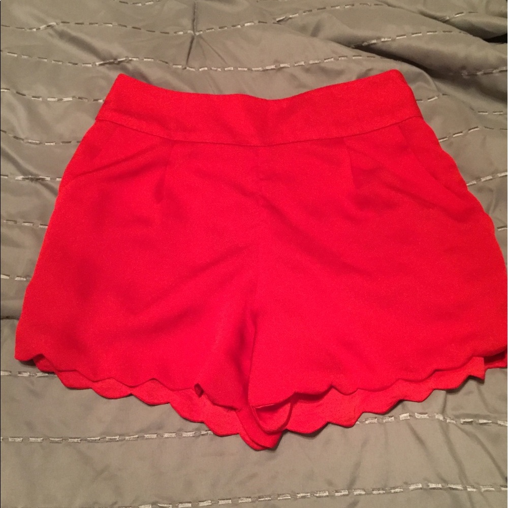 Red high waisted scallop bottom shorts