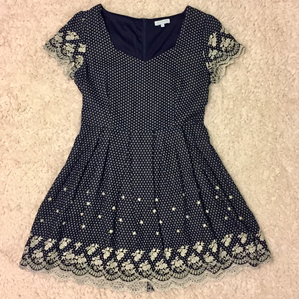 Embroidered blue &white fit & flare pleated dress