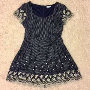 Embroidered blue &white fit & flare pleated dress