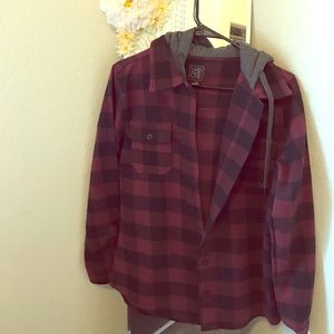 Burgundy and black fall jacket with a hood