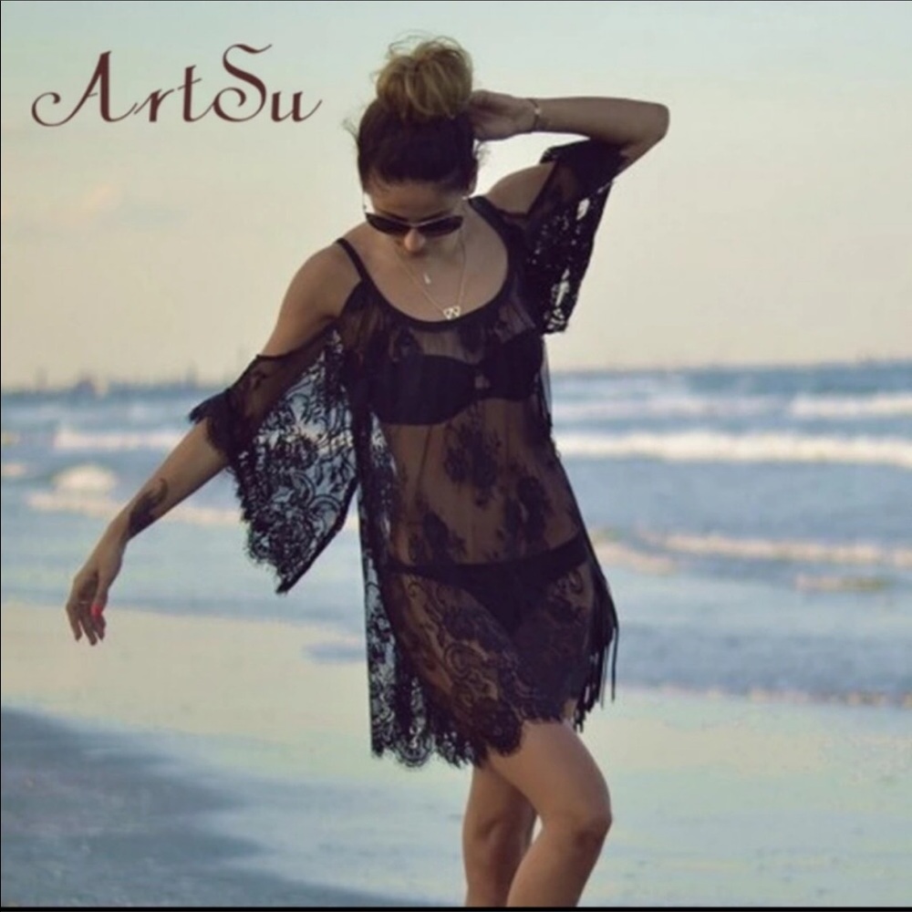 Black, lace swimsuit cover up.