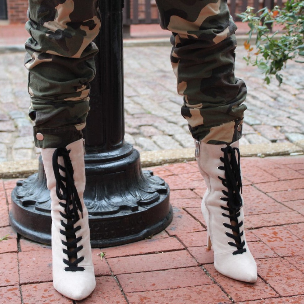 Nude Lace Up Pointed Toe Booties