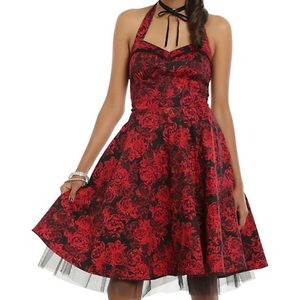 RED & BLACK FLORAL HALTER SWING DRESS