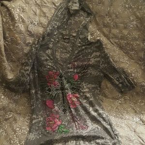 Sheer Hooded Shirt w/Studded Cross