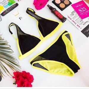 NWOT Adore Me Black and Neon Yellow Mesh Bikini