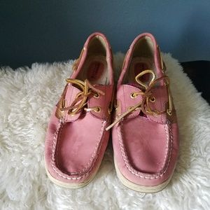 Sperry topsiders in pink madras plaid with gold