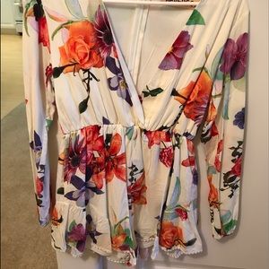 Reverse Floral Print V-Neck Long Sleeve Romper