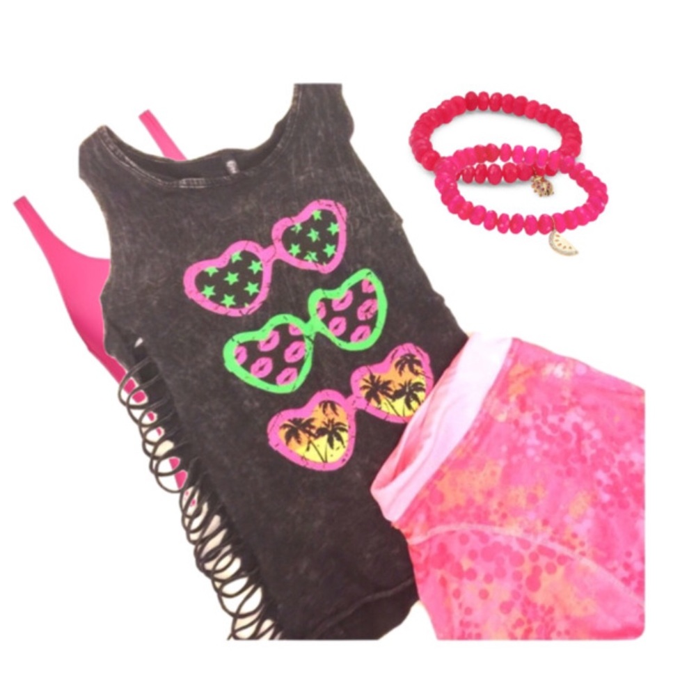 Girls tank with sunglass icons & shredded sides