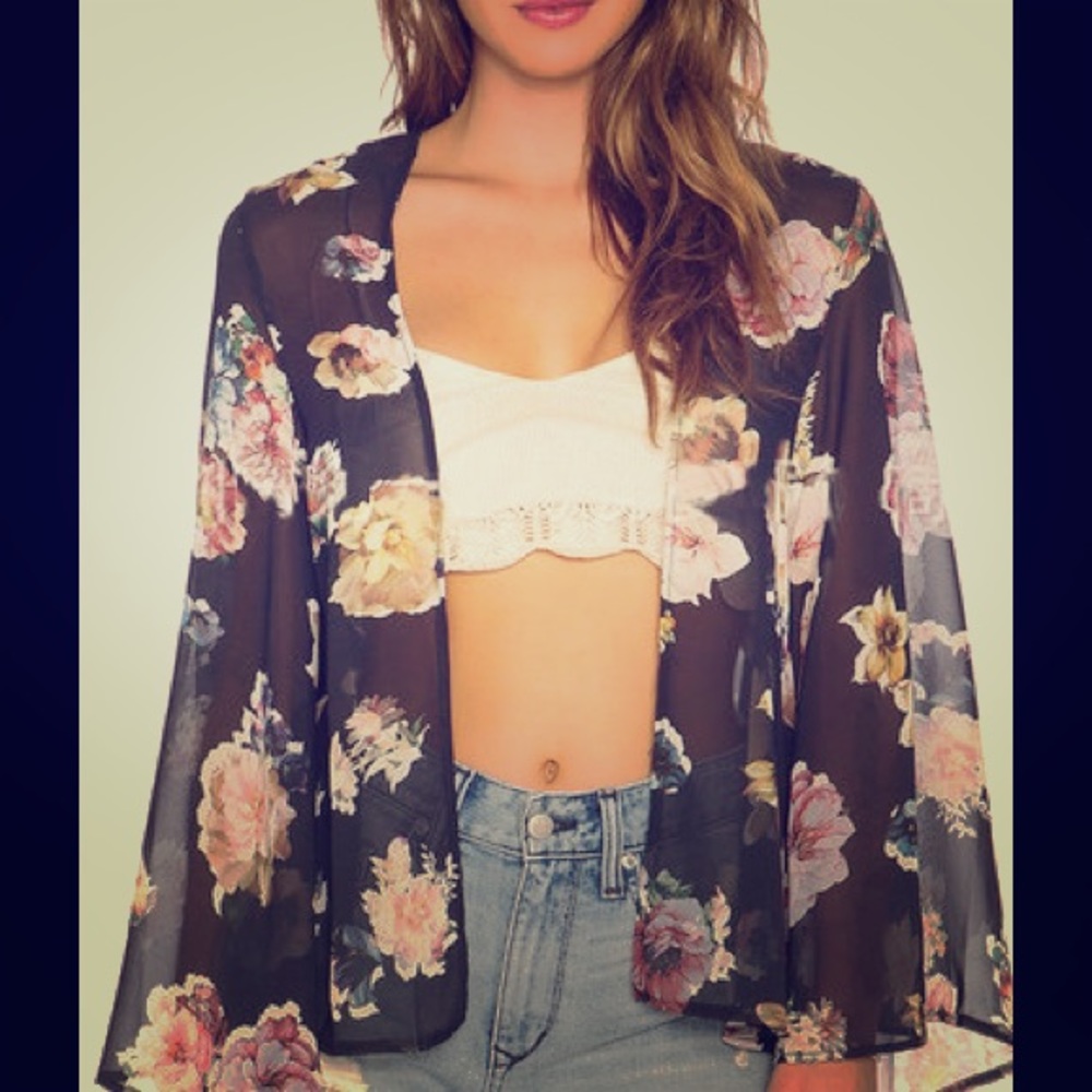 Semi sheer floral print open front kimono
