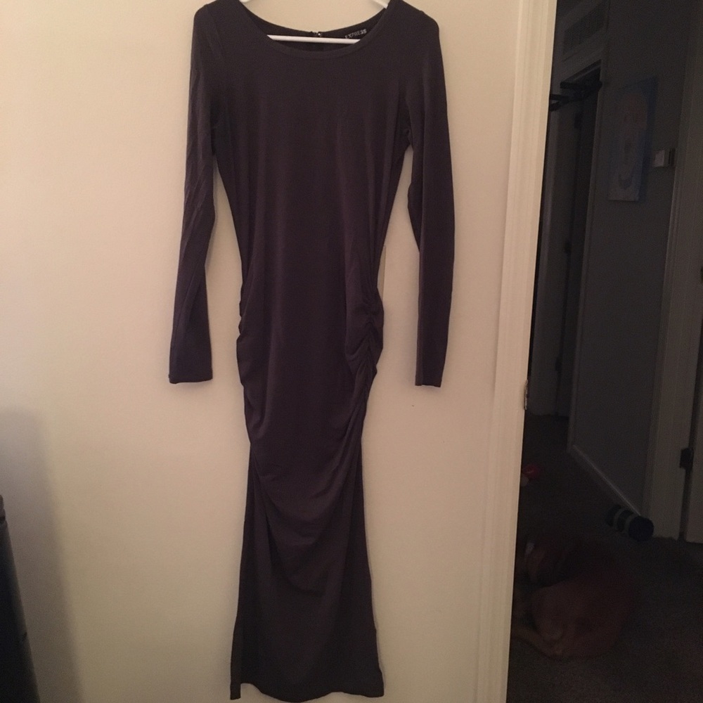 Dark purple midi dress with scrunched sides