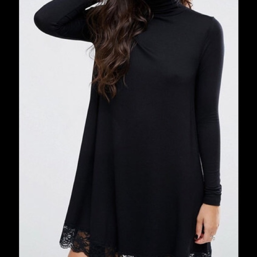 High neck lace details black dress