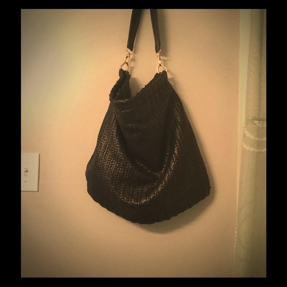 Black leather woven hobo bag with gold strap