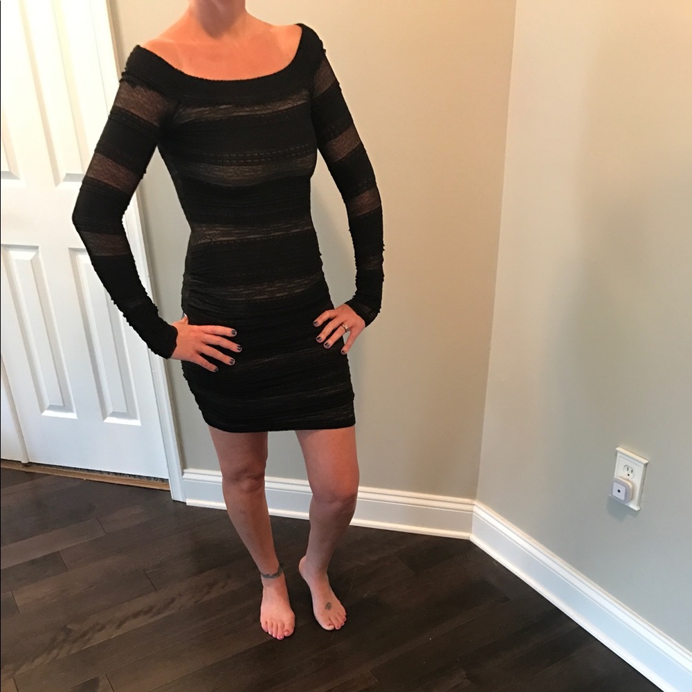 Bcbg black lace off the shoulder cocktail dress
