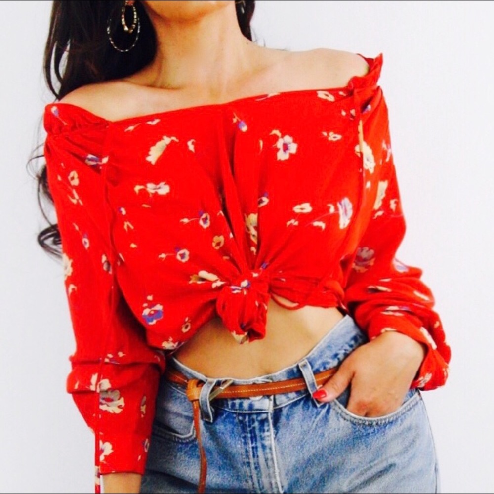 Rebecca Taylor Silk Off Shoulder Red Floral Top
