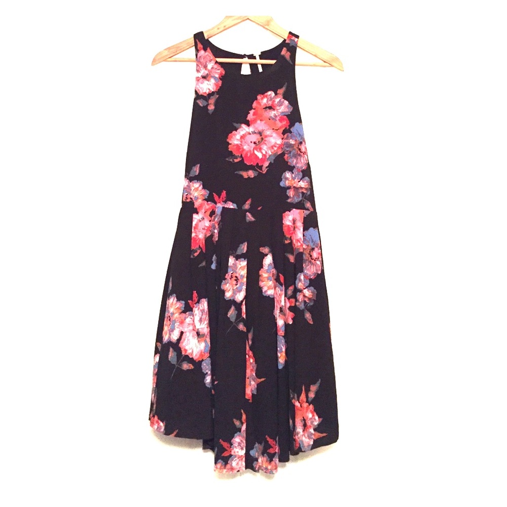 Asymmetrical black floral free people dress