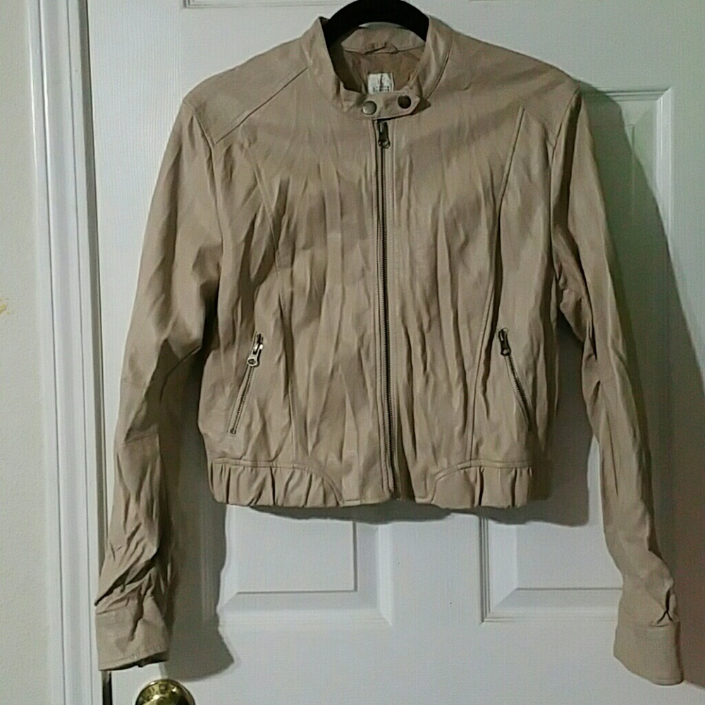 Lauren Conrad beige faux leather moto jacket