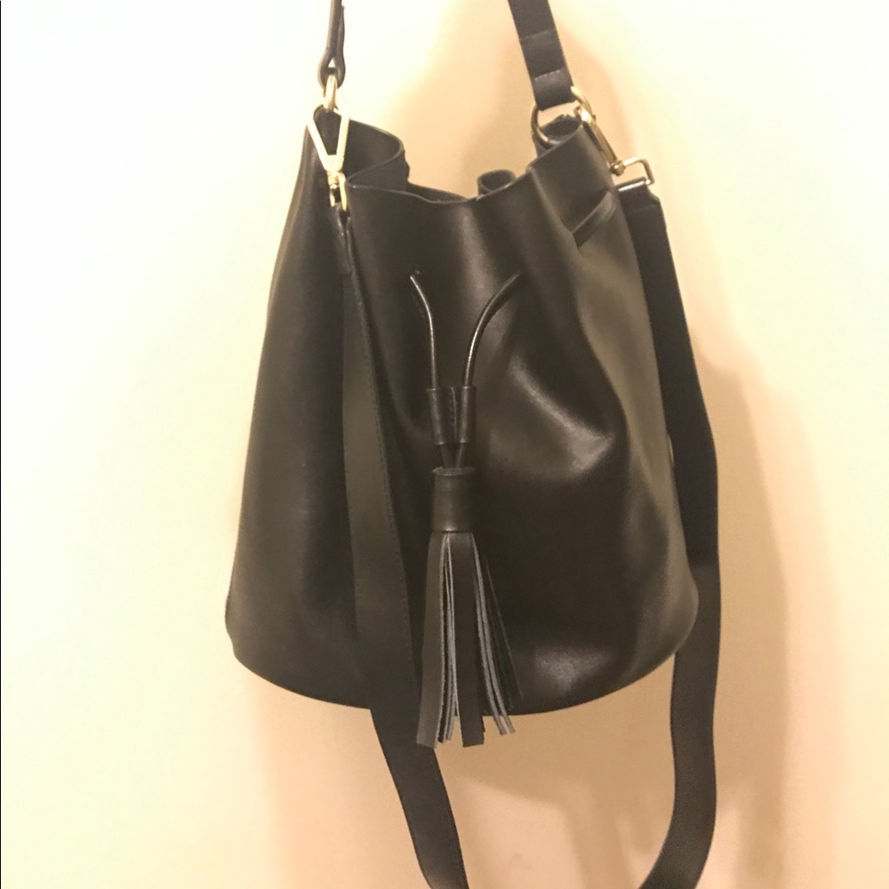 Black leather bucket bag from Saks