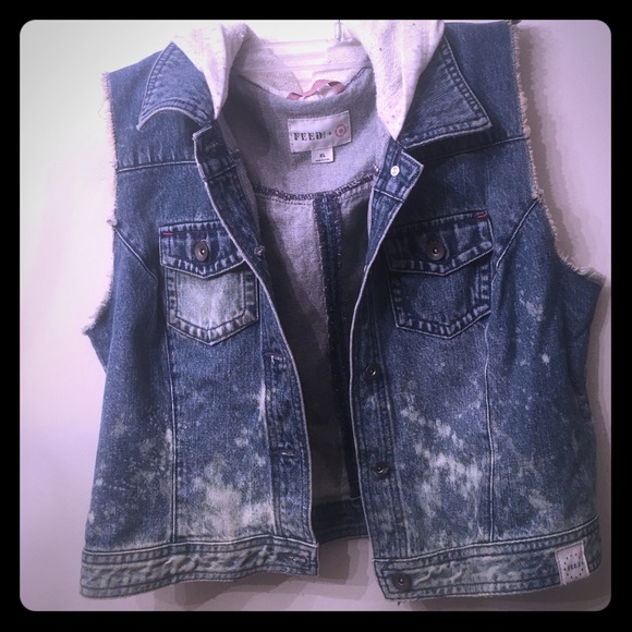 Jackets & Blazers - Hand Bleach Denim Vest w/ Hood