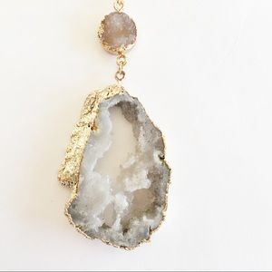 Druzy Stone Pendant Long Gold Necklace