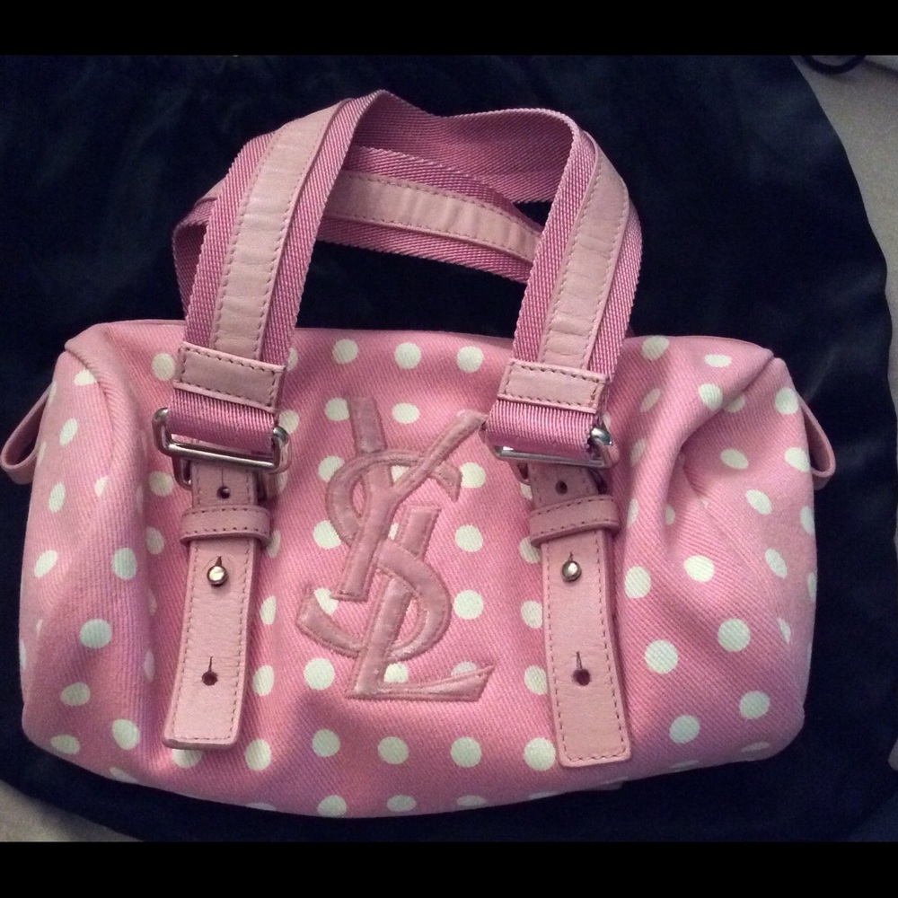 AUTH YSL PINK POLKA DOT BAG. YVES SAINT LAURENT