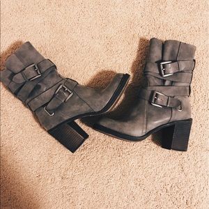 Gray mid-calf booties with buckles