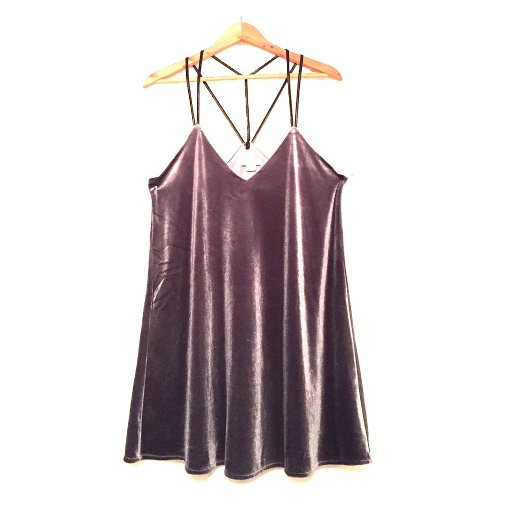 Gray velvet dress with faux leather straps