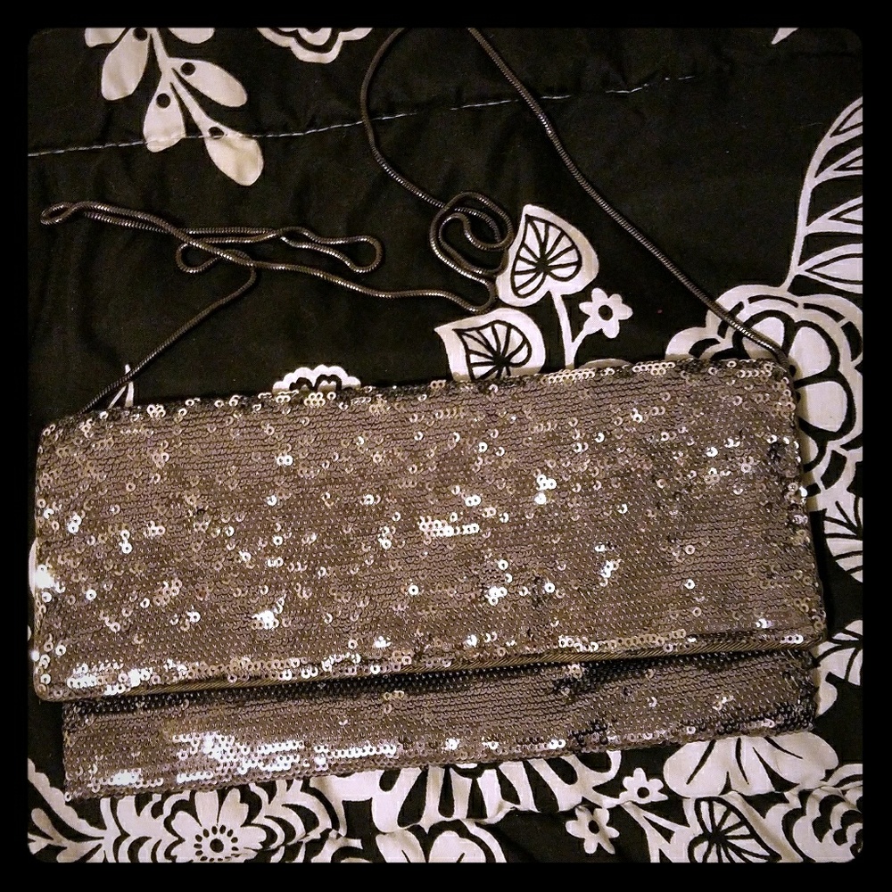 BCBG MAXAZRIA Gun Metal Grey Silver Sequin clutch