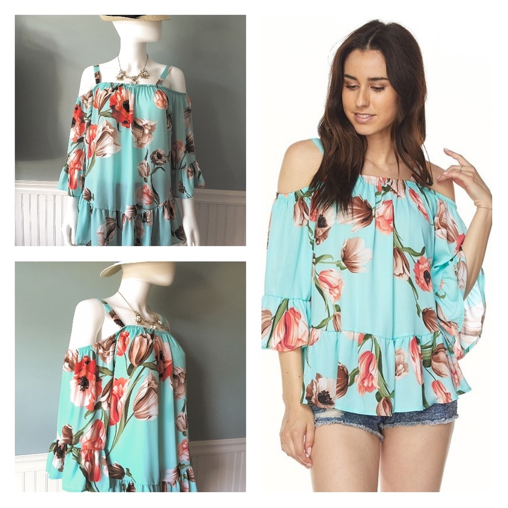 LAST ONE▪Vibrant Cold Shoulder Top - Picture 2 of 3