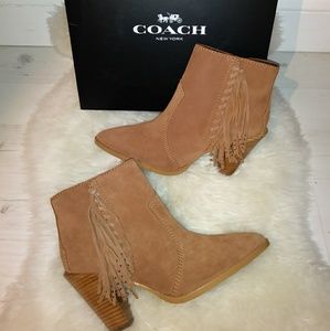 COACH Fringe Suede Leather Bootie Ankle Boot Tan