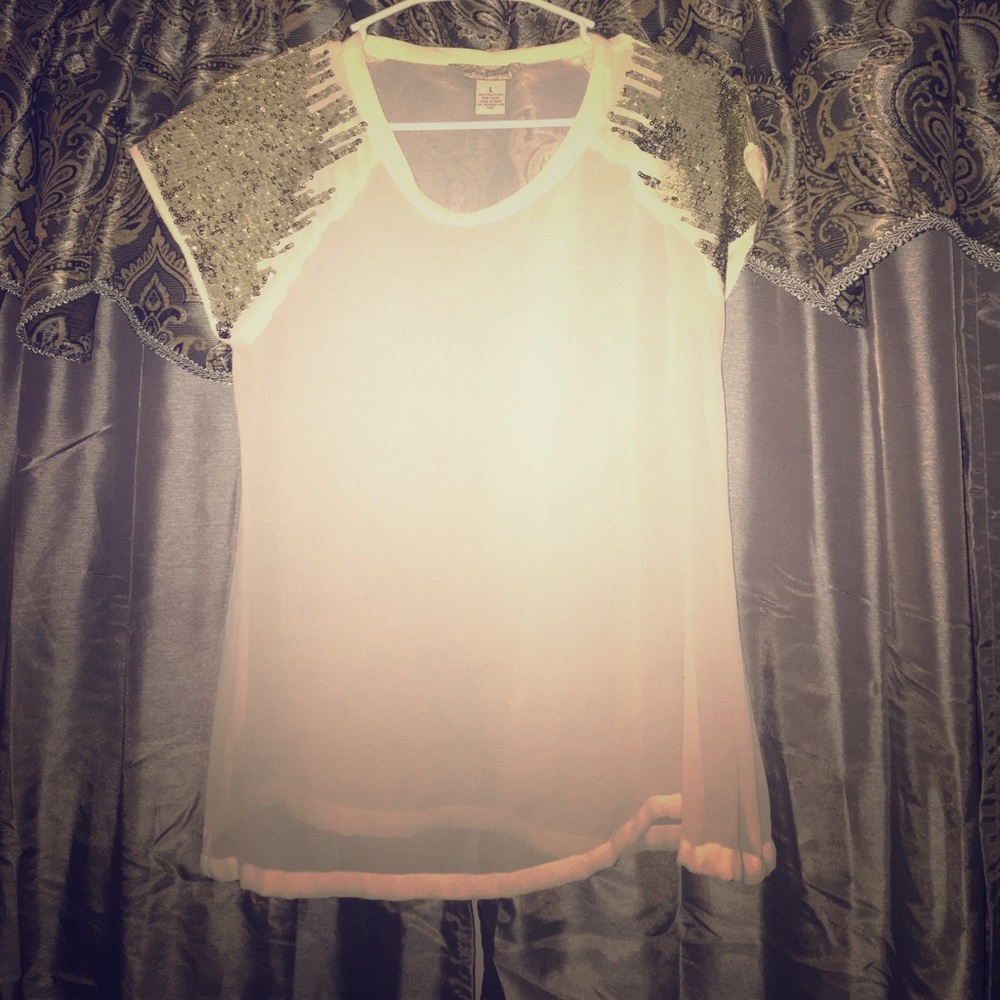 Cream sequin shoulder sheer top