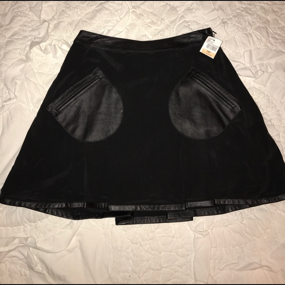 NWT Black Silk and Leather skirt Fit & Flare Sz S