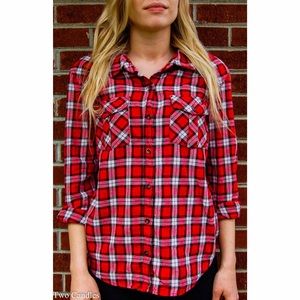 Women's red and white plaid button up