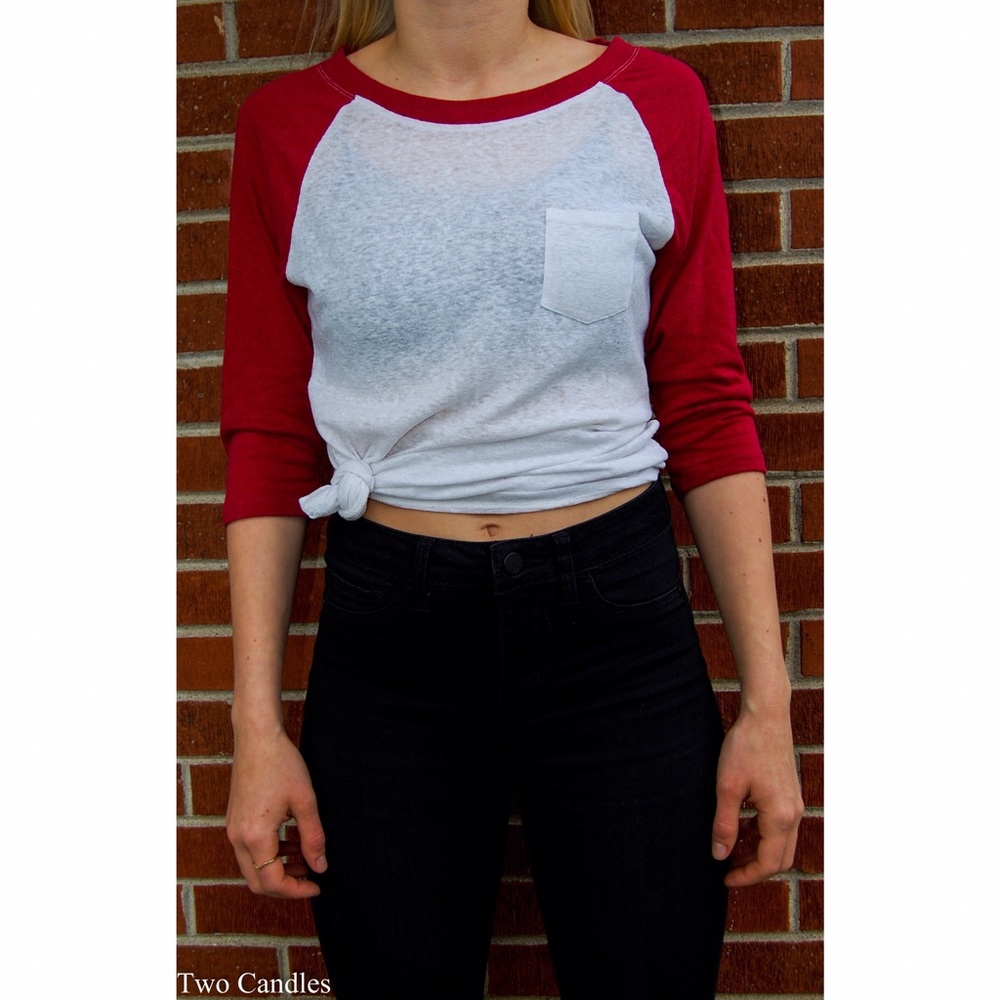Women's red and white baseball crop top