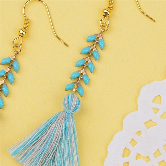 Boho fringe tassel earring teal blue - Picture 2 of 2